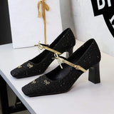 Talons Khaki Mary Jane Shoes Featuring Golden Bowknot Strap Sophisticated Square Toe Chunky High Heels for Women