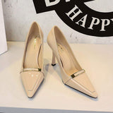 Sexy Banquet Shoes 2025 New Metal Buckles Pointed Toe Women's Sffice Patent Leather Heels