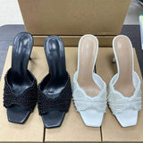 Chaussure Talon Women's Square Toe Pearl Beaded Mules Slip-on Sandals Elegant Thin High Heel