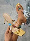 Women's Stiletto Heel Sandals Square-Toe Gemstone-Embellished Flip-Strap - Gorgeous Party Style