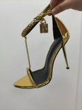 Gold Ankle-Strap High Heels Shoes - Peep-Toe, Metal Chain, Pointed-Toe Women's High-Heel Sandals