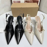 Women's Dress Sandals - Pointed Toe, Slim Heel, Buckle Detail, Enclosed Toe Cap, Open-Back, Slip-On Ladies Heeled Sandals