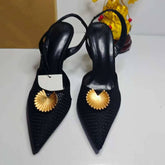 French-Style Hollow-Out Female Heeled Sandals Sexy Classic Ladies Mules with Metal Petal Ornament