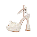 Delicate Pearl Decorated Open Toe Platform High Heel Sandals for Ladies Ankle Strap Formal Shoes for Bridal Evening Occasions