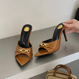 Designer Sandals Elegant Gold Chain Accent Slip on Stiletto Mules Fashion Comfortable Style Slippers Heels
