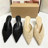 Lace Embroidered Pointed Toe Mules for Women Soft Backless Slip on Flats for Party and Daily Wear Ladies Sexy Heeled Sandals
