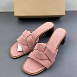Pink Suede Block Heel Sandals Women Interlocking Cross Strap Mid Chunky Heel Mules Elegant Square Toe Summer Slides