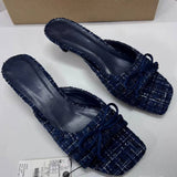 Square-toe Women's Mules Sandals with Bowknot Decor Open-toe Backless Ladies Blue Heel Sandals