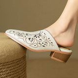 Women Vintage Cut Out Mules 4Cm Block Heel Pointed Toe Slides Breathable Cowhide Upper Sheepskin Insole Non Slip Casual Shoes
