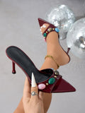 Bestselling Pointed-Toe Roman Beaded Women Sexy Stiletto-Heel Sandals Slip-On Cutout Stylish Black High Heels Pumps