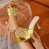 New Arrival Talons Haut Sexy Escarpins Mules Women Square Toe Sandals Gold Heels for Ladies