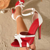 Elegant Red and White Contrast Bowknot Women Sexy Peep Toe Stiletto Sandals Ankle Strap Dress High Heels