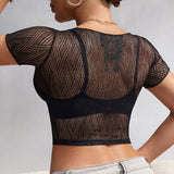 Black Women Short Sleeve Low Collar See-through Mesh Base Shirt Women's Large Size Lace Women Female Cropped Top