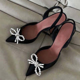 Women's Rose Gold Satin Pointed Toe Slingback Heels Crystal Bow Accent Geometric Block Heel for Party Evening Shoes