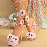 Flower Strappy Sandales Chaussures Dames Summer Open Toe Ankle Lace up Platform Strap Heels for Women