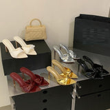 Luxury Women Slip On Heeled Sandals Elegant Peep Toe Mules Evening Dress Shoes Slippers