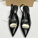 Glossy Patent Leather Heels Women Pointed Toe Slingback Pumps Large Metallic Buckle Elegant Low Kitten Heel Dress Shoes