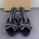 Ladies Sexy Sandals New-style Satin Feel Rhinestone Bow Peep-toe Mules Women Stiletto Heeled Slide Sandals