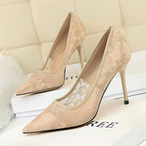 Size 43 Chaussure Femme Talon Slip on Lace Sex Elegant Style Female Lace Black Heels for Ladies and Women