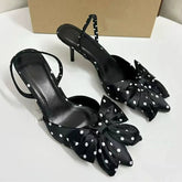 Pointed-Toe Bowknot Cutout Women's Pumps Sandals, Polka Dot Fashion Ladies Sexy Heeled Shoes