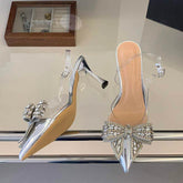 Fashion Ladies Pointed Toe 7.5CM Heel Rhinestone Butterfly Knot Transparent Ankle Strap Bridal Prom Shoes Heels