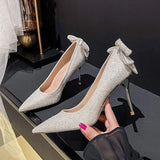 Size 33-43 Sequin Bow Talon Haut Slipper Summer Sandals Cute Designer Shoes Women Heels