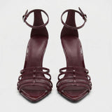 Chaussures-Femm Talon Women's Burgundy Pointed Toe Stiletto Heels Strappy Ankle Buckle Sandals