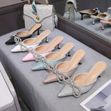 Top Quality Talons Haut Sexy Escarpins Trendy Cover Toe Crystal Rhinestone Pumps Bow Heels for Fall and Spring