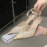 Sandale a Talons Femme Women's Lace Pointed Toe Stiletto Heels Metallic Gold Tip Ankle Strap Pumps for Party & Wedding