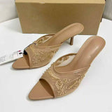 Backless Embroidered Beaded Mesh Sandals - Stylish Versatile Stiletto Peep Toe Women High Heeled Sandals