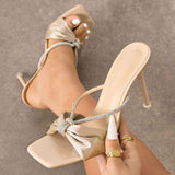 Trendy Square Toe Stiletto Heels with Oversized Satin Bow Crystal Cross Straps Sexy Backless Dress Shoes Heels for Ladies