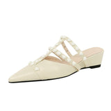 Summer New Pointed Toe Solid Color Shoes Pearl Slippers Women Simple Comfortable Heels