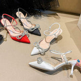 Size 32-43 Rhinestone Bow Sandalias Tacones Brand Pointed Toe Trendy Mules Ladies 2025 Pencil Sexy Summer Heels