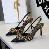 New Fashion Belt Buckle Strap Shoes Pointed Toe Women Pumps Heels Leopard Print Sexy Dress Sandalias De Mujer