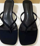 French-Style Square-Toe Women Heeled Sandals Black Thong Open-Toe Backless Fashion Summer Sandals