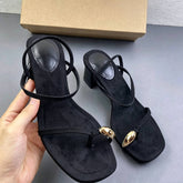 Minimalist Black Faux Suede Sandals Gold Pebble Accent Square Toe Chunky Low Block Heels Elegant Summer Dress Shoes