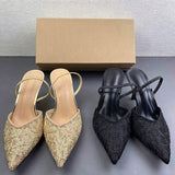 Fashion Lace Embroidered Womens Mule Flats Pointed Toe Back Slip on Comfortable Dress Shoes Ladies Heeled Sandals