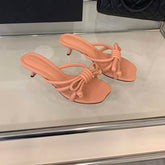 Cream Bow Knot Kitten Heel Mules for Women Elegant Square Toe Slip On Heeled Sandals Comfortable Summer Dress Shoes Slippers