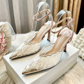 Elegant Women Lace Floral Pumps Metal Pointed Toe Stiletto Heels With Ankle Strap Sexy Wedding Guest Dress Shoes Gold