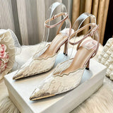 Elegant Women Lace Floral Pumps Metal Pointed Toe Stiletto Heels With Ankle Strap Sexy Wedding Guest Dress Shoes Gold
