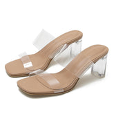 Nude Color Summer Cheap Price Latest Sexy Fashion Slippers Ladies Mules Women Transparent Shoes with Block Heel