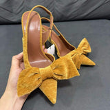 New Style Women's Yellow Velvet Bow-Embellished Pointed-Toe Mule High-Heel Fashion Sandals Quality Ladies Shoes