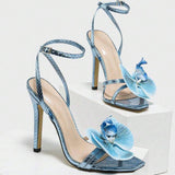 Women's High Heels Shoes Butterfly-Embellished Crisscross Back Pull-Strap Square-Toe Peep-Toe Blue Stiletto Sandals