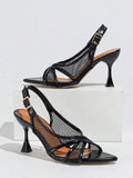 Pointed-Toe Stiletto Sandals Heel Shoes for Women Mesh Upper, Lacquered Heel, Stylish Black Trendy Design