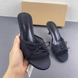 Women Elegant Black Mesh Bow Accent Open Toe Stiletto Heel Mules Backless Slip on Dress Sandals for Office Work Party Occasions