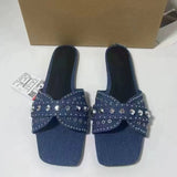 Chaussures Plates Féminines Women's Blue Denim Flat Sandals Open-toe with Shiny Embellishments