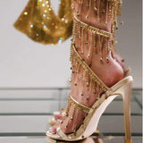 Sexy Gold Talons Aiguilles Square Toe Pearl Decorated Butterfly Ankle Wrap Heels for Women