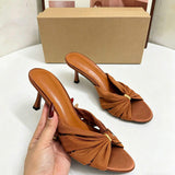 Women Orange Pleated Kitten Heel Sandals Stylish Twisted Knot Design With Gold Ring Detail Comfortable Summer Slip on Mules