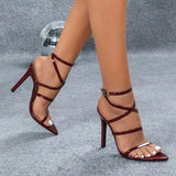 Ladies' Multiple Single-Strap Cross Ankle-Strap Pointed-Toe Women Sexy High Heel Sandals - Burgundy Extra-High Heel Footwear