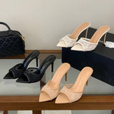 Women Pointed Toe Mules Elegant Mesh Flower Beaded Stiletto Heels Sexy 9CM Heel Slide Sandals Slip on Dress Shoes for Wedding